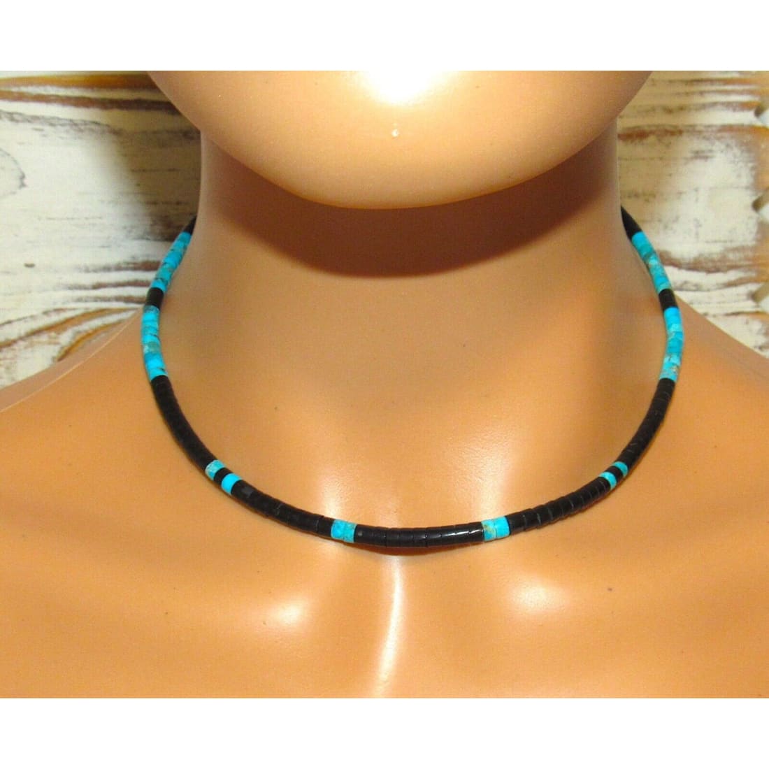 Navajo Rolled Jet & Turquoise Heishi Choker Necklace Native American 16"L