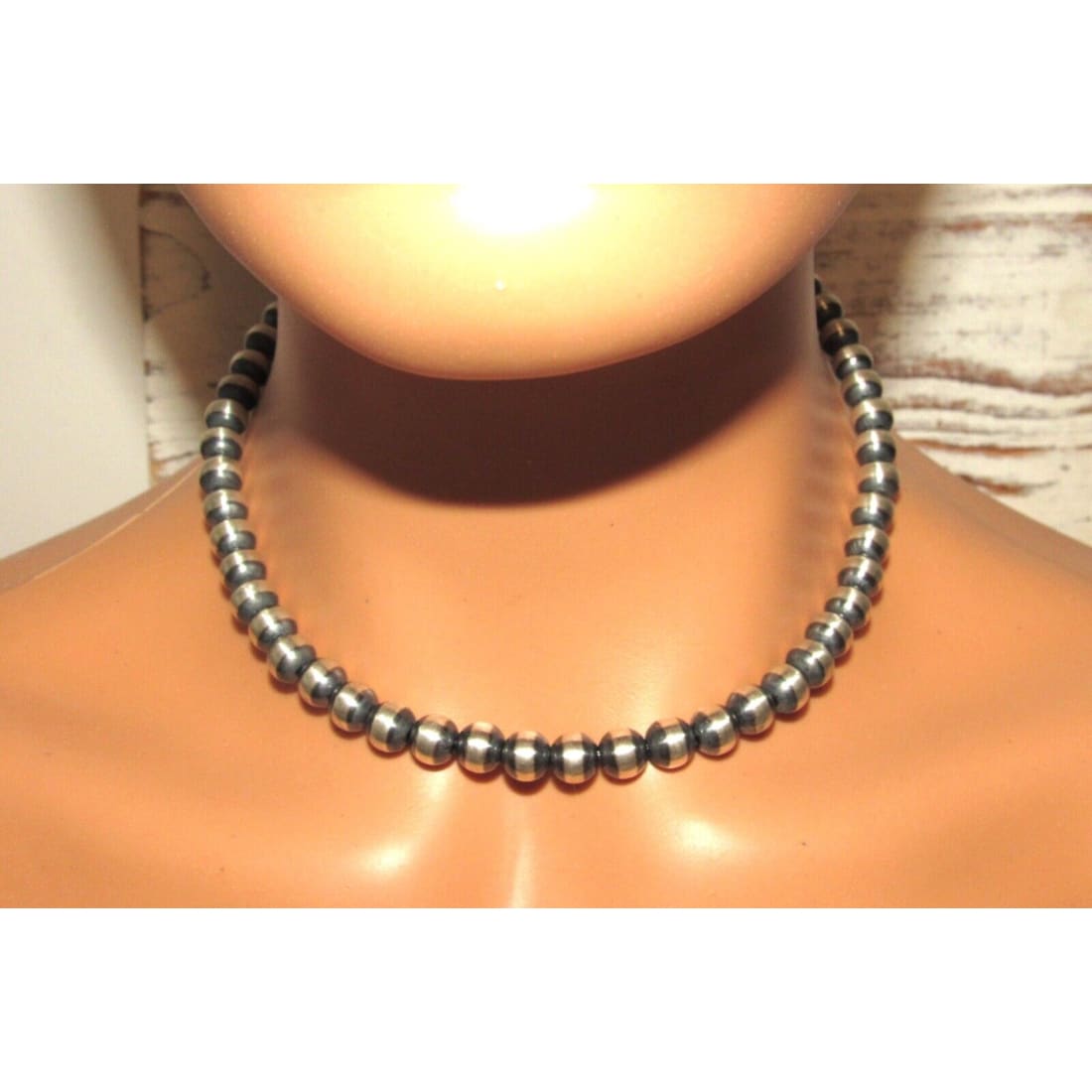 8mm Navajo Pearls Necklace Sterling Silver Choker Necklace 16"L
