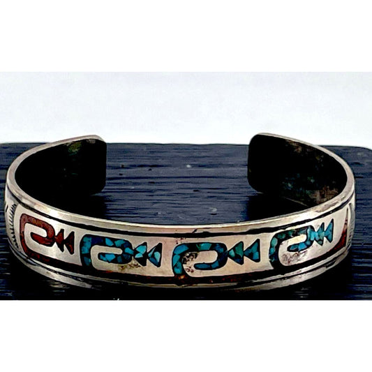 Vintage Navajo Sterling Silver Turquoise Chip Inlay Cuff Bracelet Signed