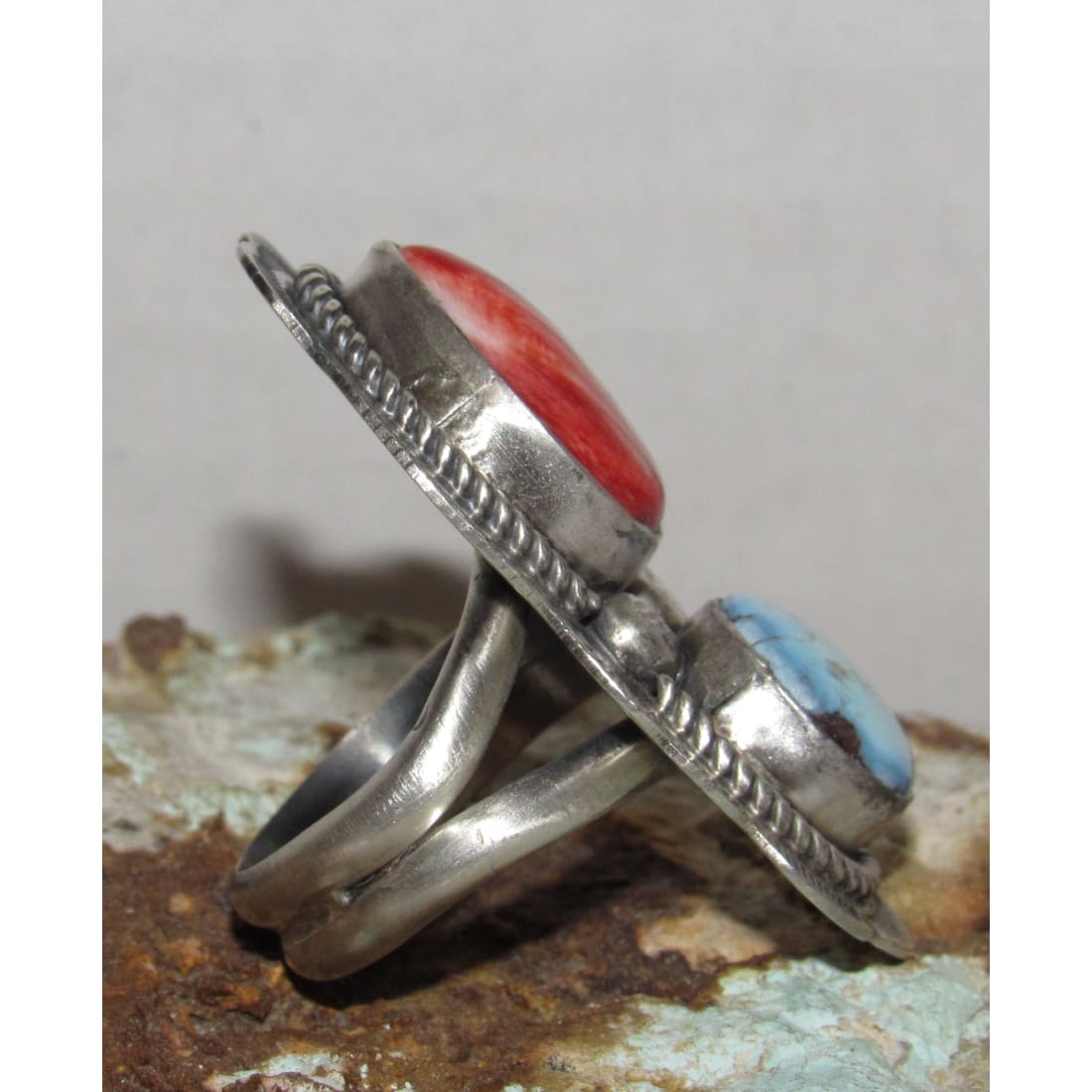 Navajo Golden Hills Turquoise Spiny Statement Adjustable Ring Sz 7.5 Boyd Ashley