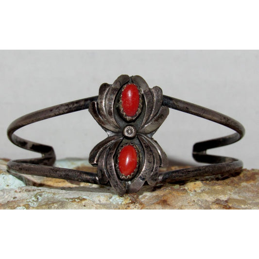 Old Pawn Navajo Coral Squash Blossom Cuff Bracelet Sterling Silver