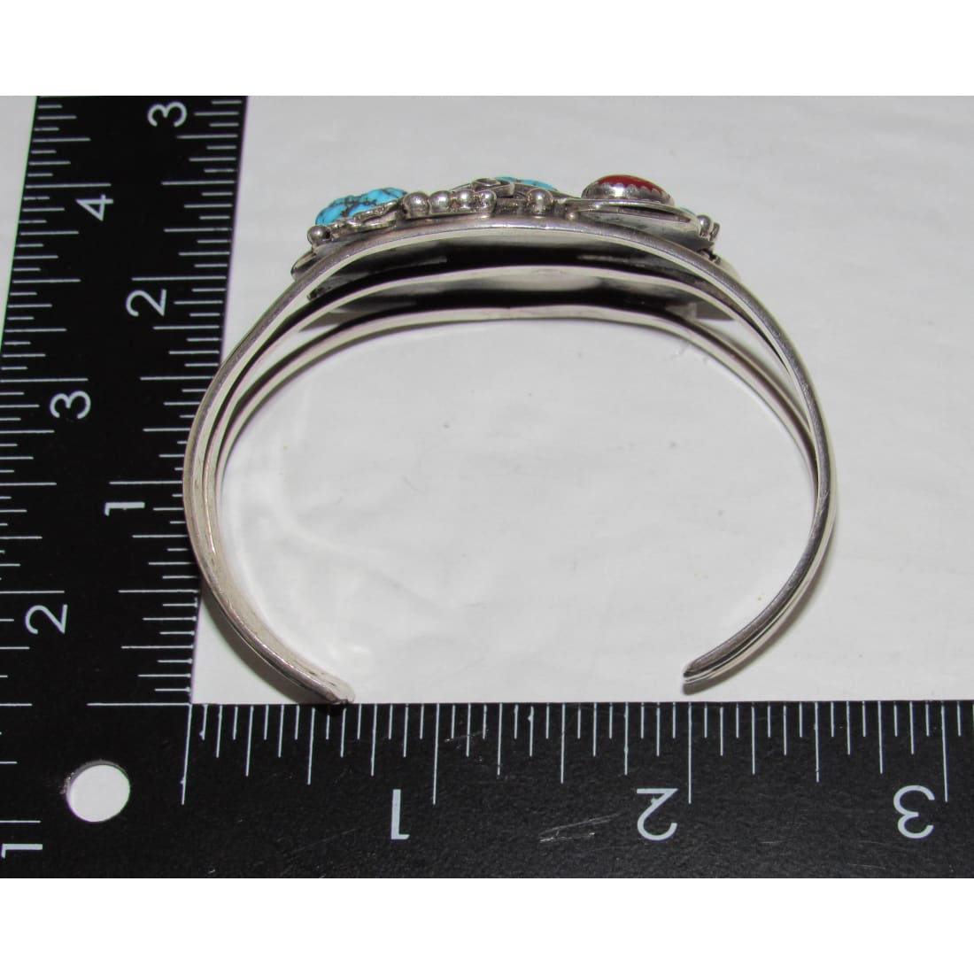 Old Pawn Navajo Turquoise Coral Sterling Silver Blossom Statement Cuff Bracelet