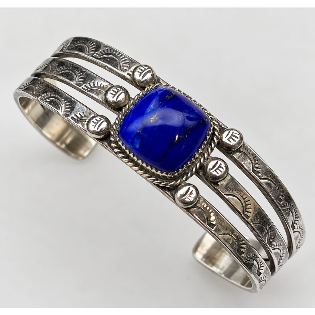 Vintage Native American Lapis Cuff Bracelet Sterling Silver Sonny Spruce Taos Pueblo