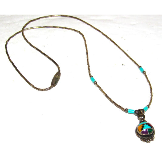 Vintage Southwestern Liquid Silver Necklace with Multi Stone Inlay Pendant
