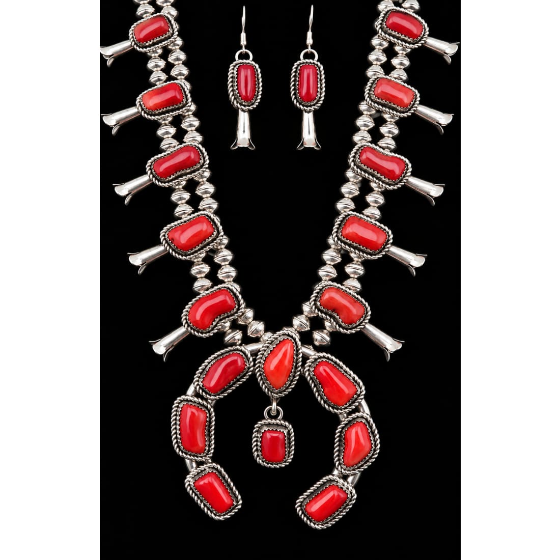 Navajo Mediterranean Coral Squash Blossom Necklace & Earrings Set Sterling