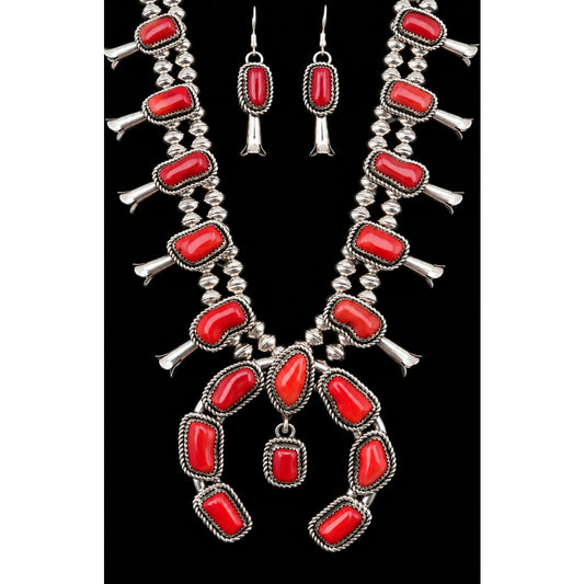 Navajo Mediterranean Coral Squash Blossom Necklace & Earrings Set Sterling