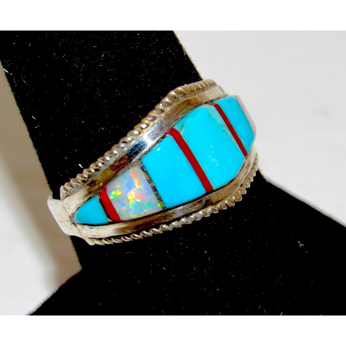 Zuni Turquoise Opal Coral Inlay Ring Sz 7.5 Sterling Silver D. Luna
