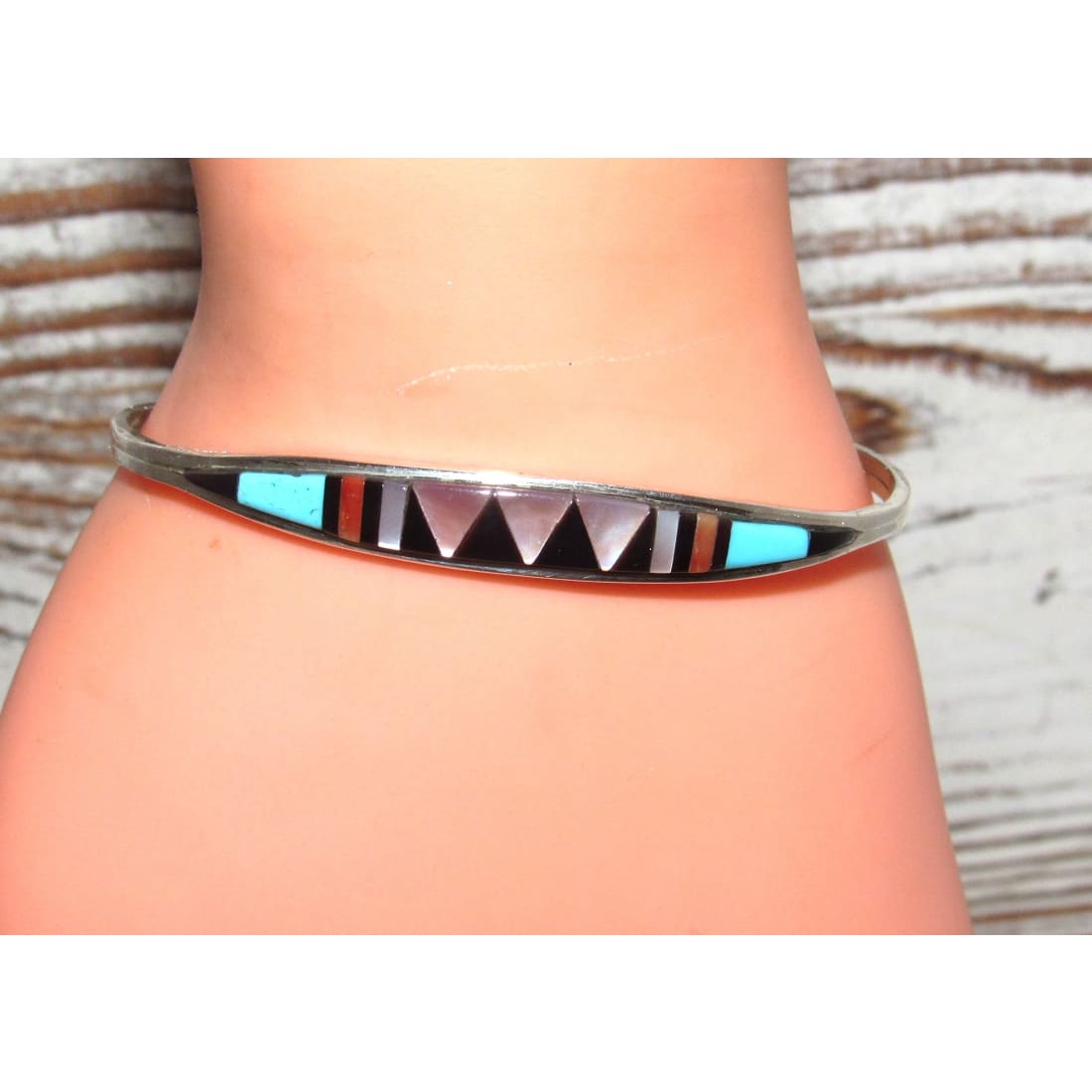 Zuni Inlay Turquoise Coral Bracelet Sterling Silver C. Weebothee Stacker