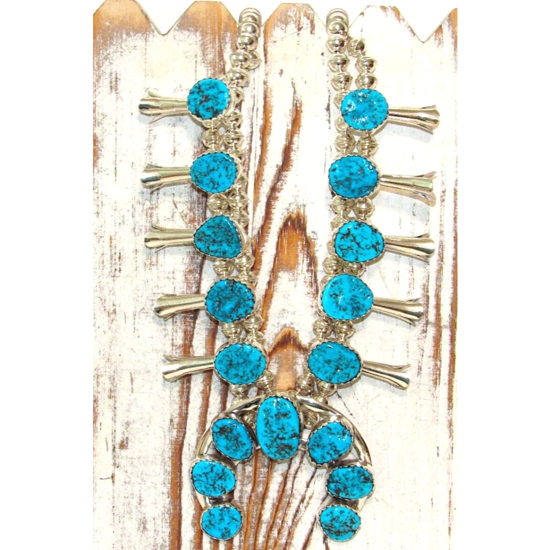 Navajo Squash Blossom Necklace Kingman Turquoise Necklace Sterling Silver