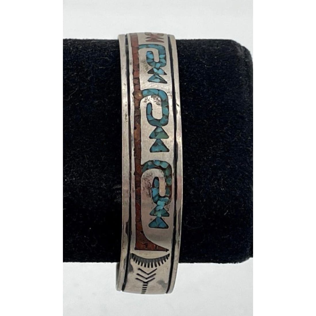 Vintage Navajo Sterling Silver Turquoise Chip Inlay Cuff Bracelet Signed