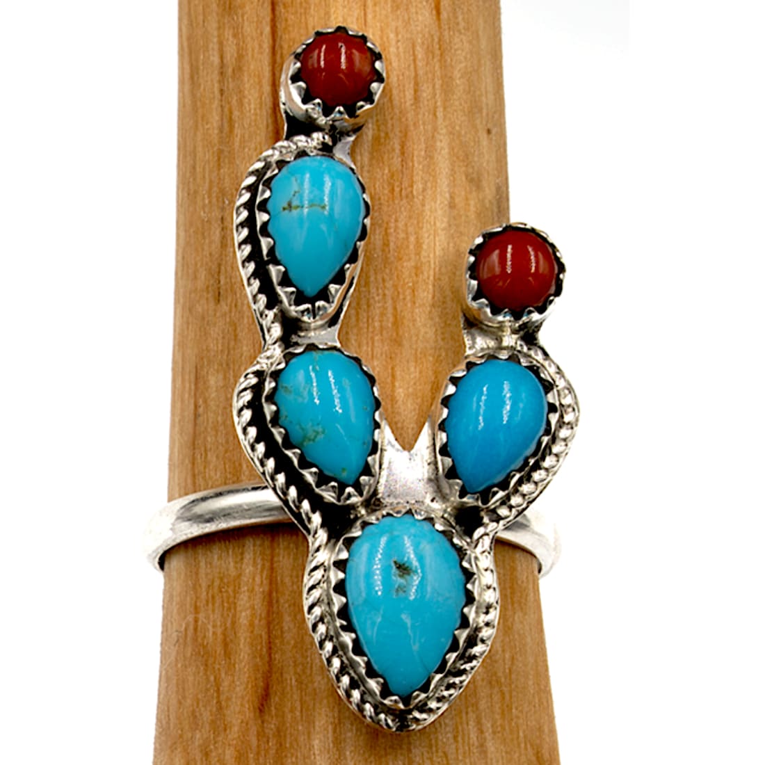 Navajo Cactus Ring Sz 6 Sterling Silver Kingman Turquoise Coral