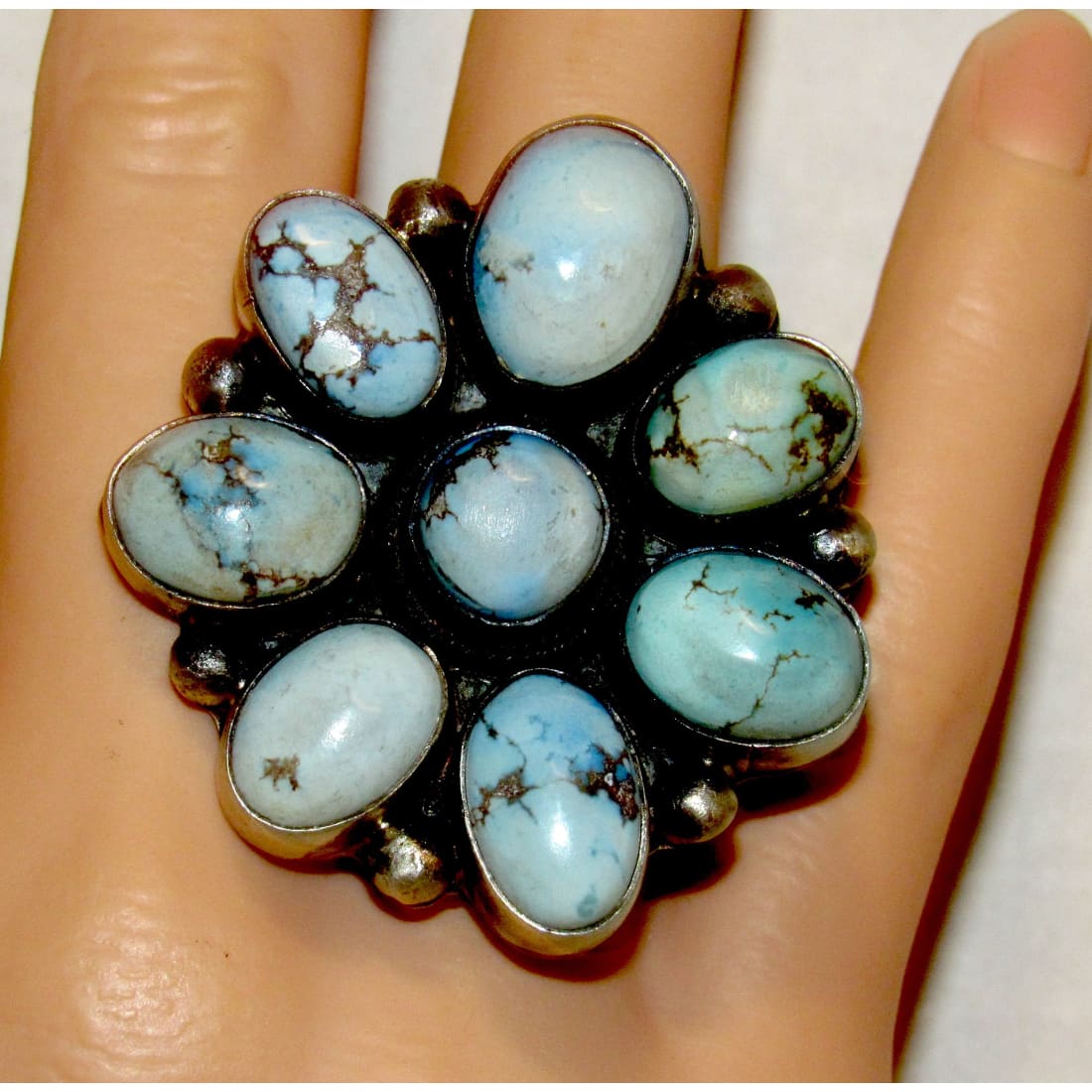 Massive Navajo Golden Hills Turquoise Cluster Ring Sz 8 Adjustable A. Martinez