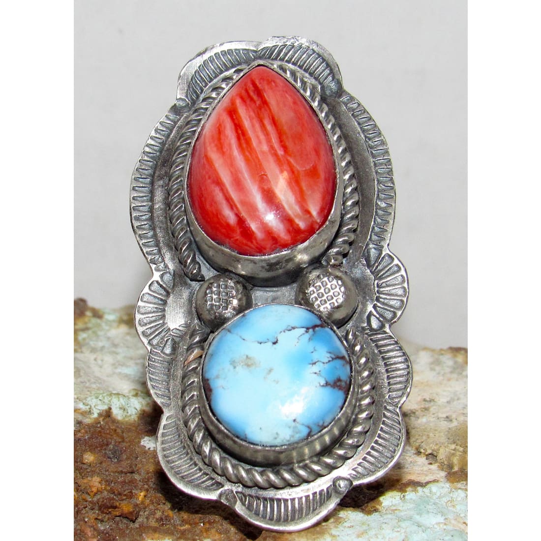 Navajo Golden Hills Turquoise Spiny Statement Adjustable Ring Sz 7.5 Boyd Ashley