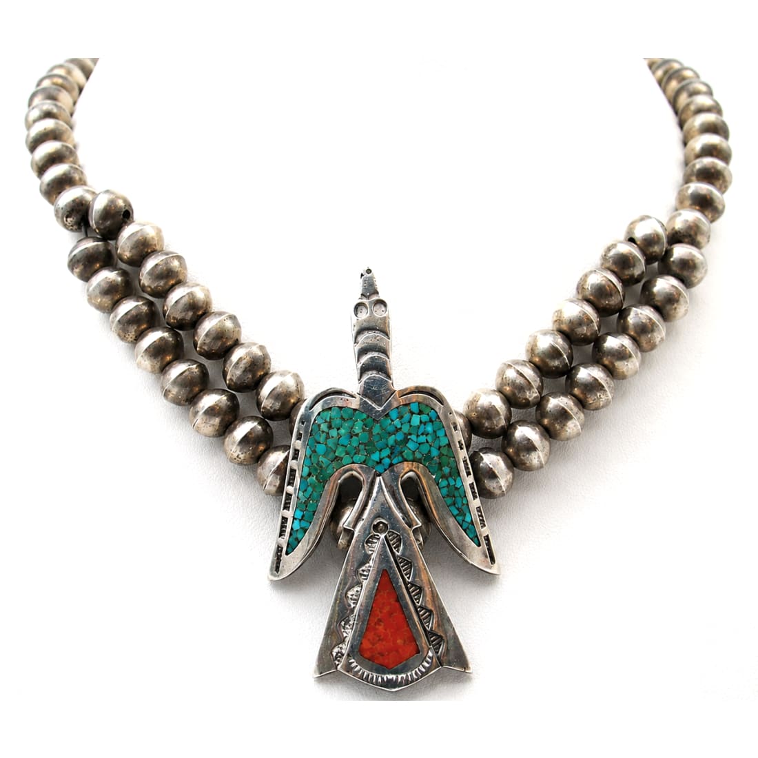 Old Pawn Navajo Peyote Bird Navajo Pearls Necklace W. Singer Sterling Turquoise