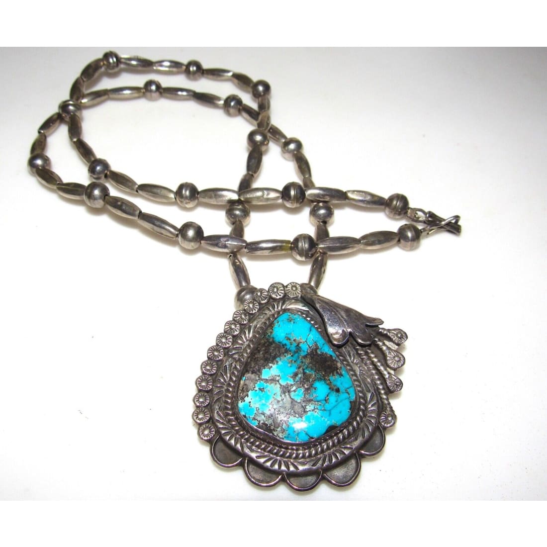 VTG Navajo Morenci Turquoise Pendant Necklace Sterling Navajo Pearls Necklace