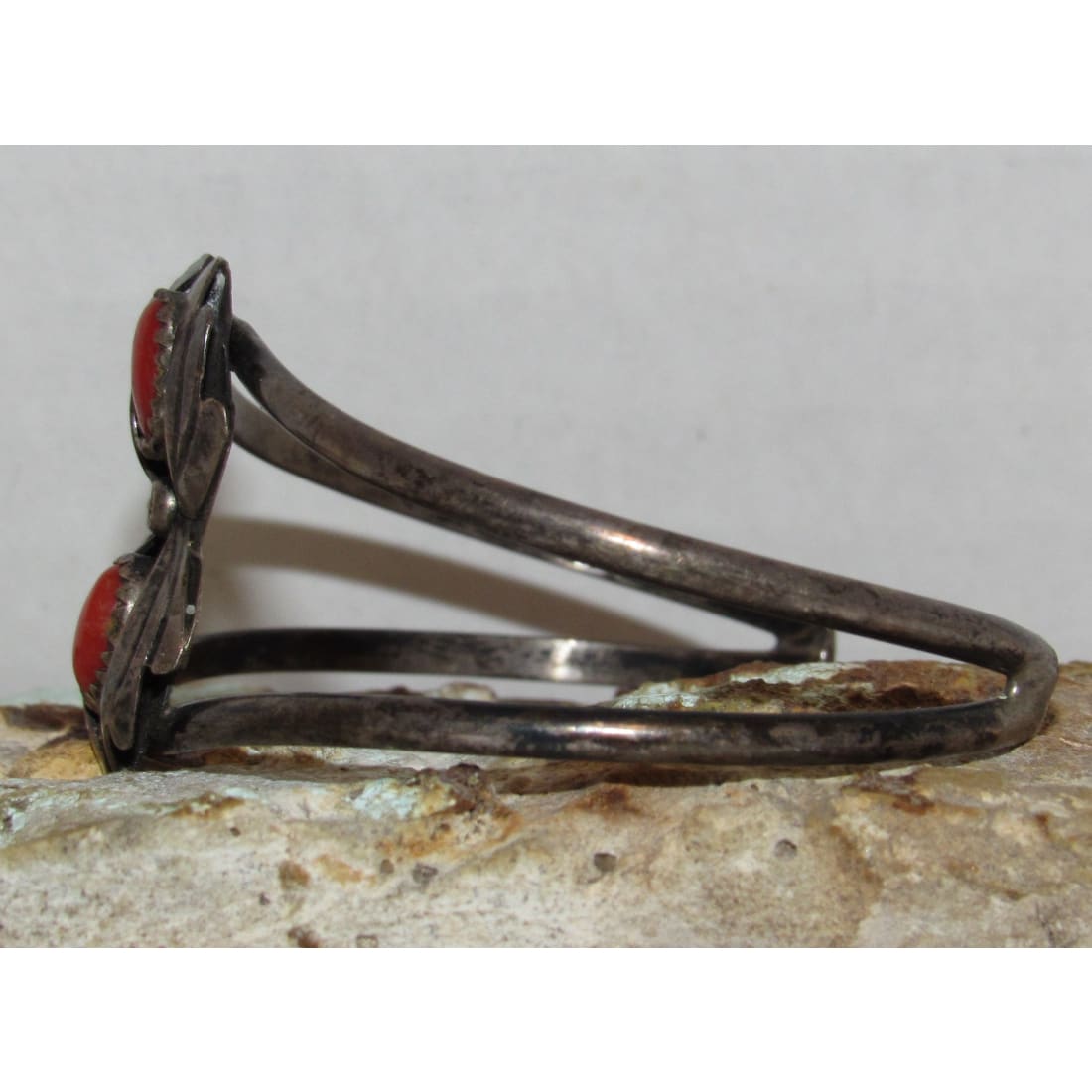 Old Pawn Navajo Coral Squash Blossom Cuff Bracelet Sterling Silver