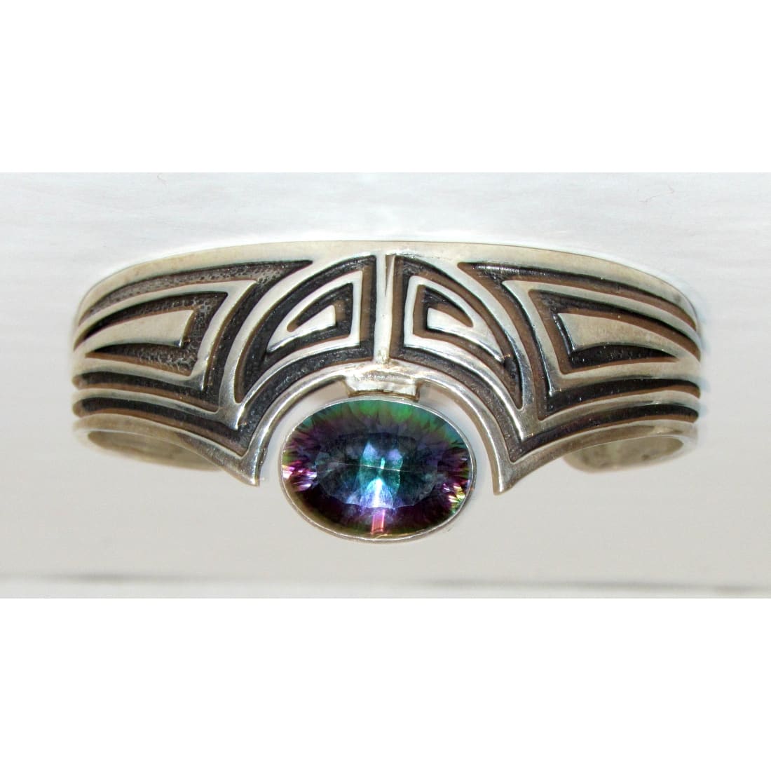 Navajo Sterling Silver Mystic Topaz Native American Cuff Bracelet C. Johnson