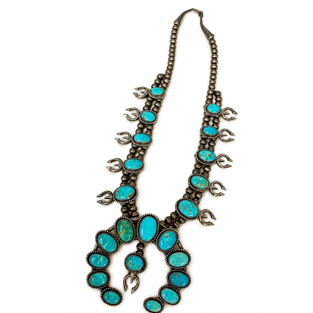 Vintage Navajo Squash Blossom Necklace Royston Turquoise Sterling Silver 256G R Willie