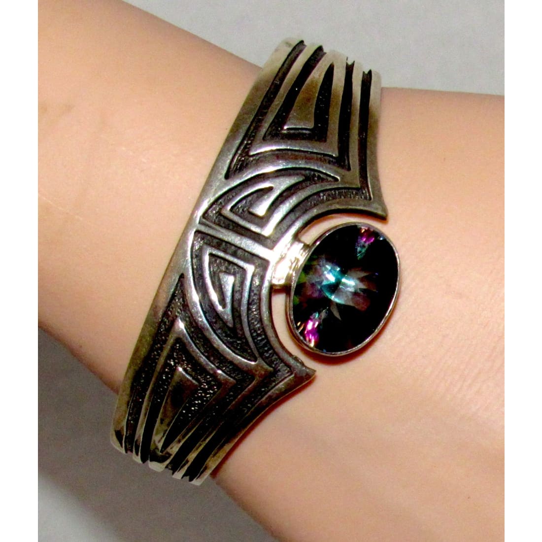 Navajo Sterling Silver Mystic Topaz Native American Cuff Bracelet C. Johnson