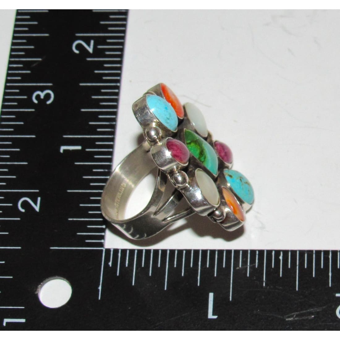 Navajo Turquoise Spiny MOP Cluster Ring Sz 8 Sterling Silver A. Bahe
