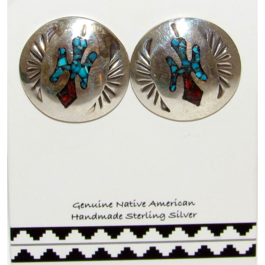 Navajo Earrings Peyote Bird Design Turquoise Coral Inlay J.Yazzie