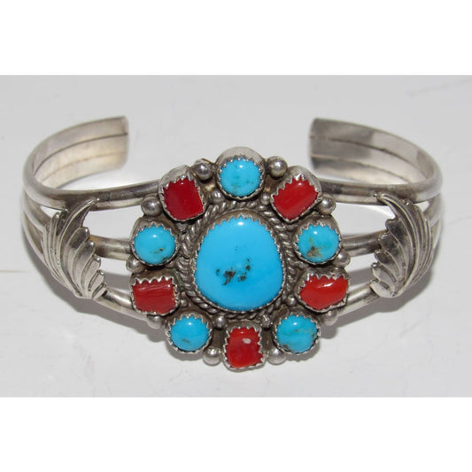 Vintage Navajo Turquoise Coral Sterling Silver Blossom Cuff Bracelet Signed