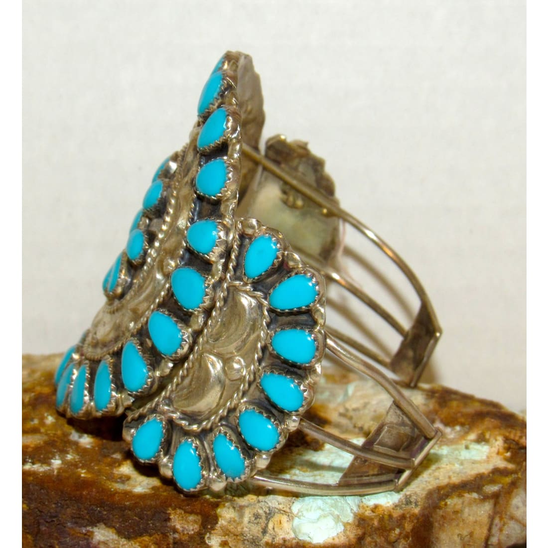 Navajo Turquoise Cluster Sterling Silver Cuff Bracelet D. Wauneka