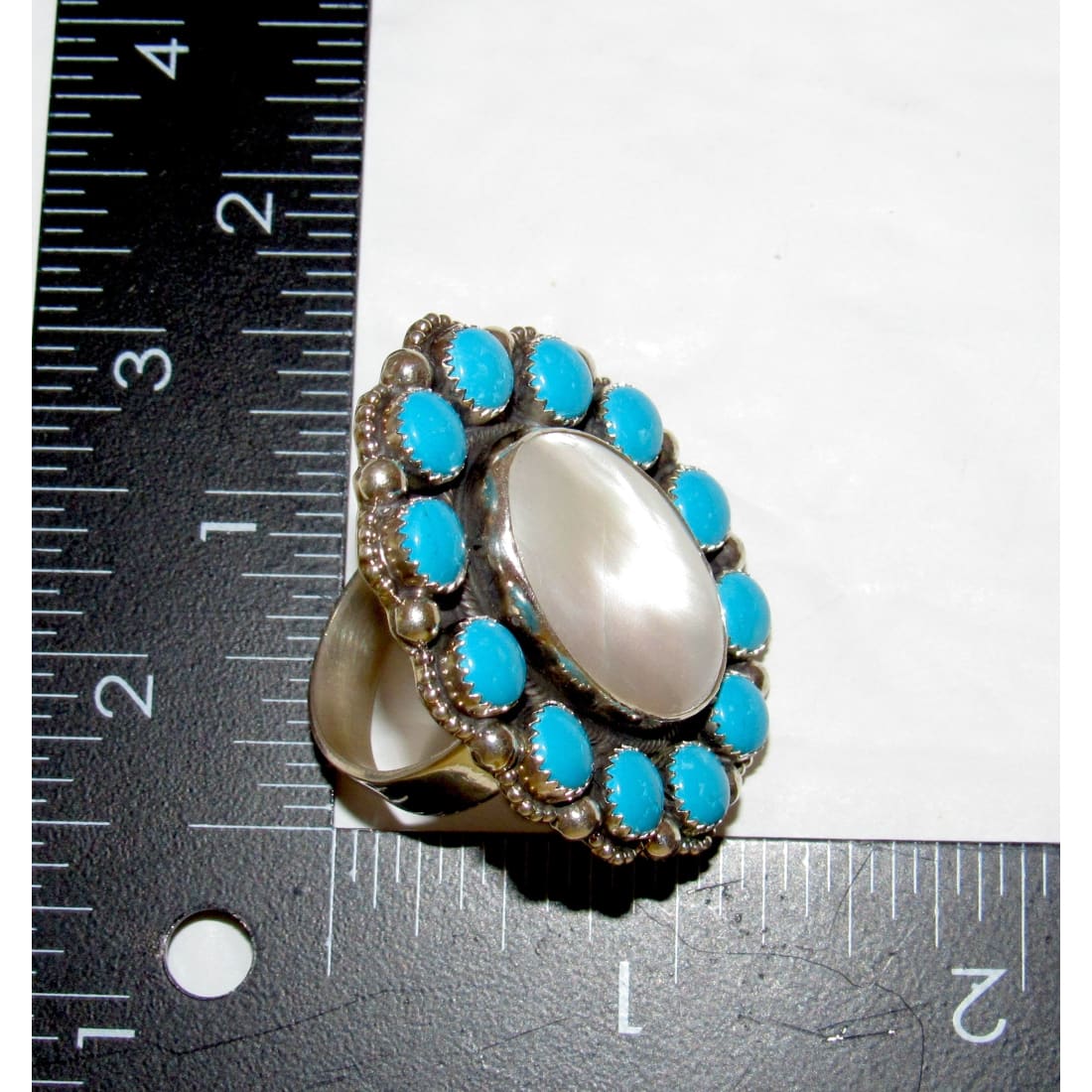 Navajo Mother of Pearl Ring Turquoise Cluster Ring Size 9 Adjustable Sterling