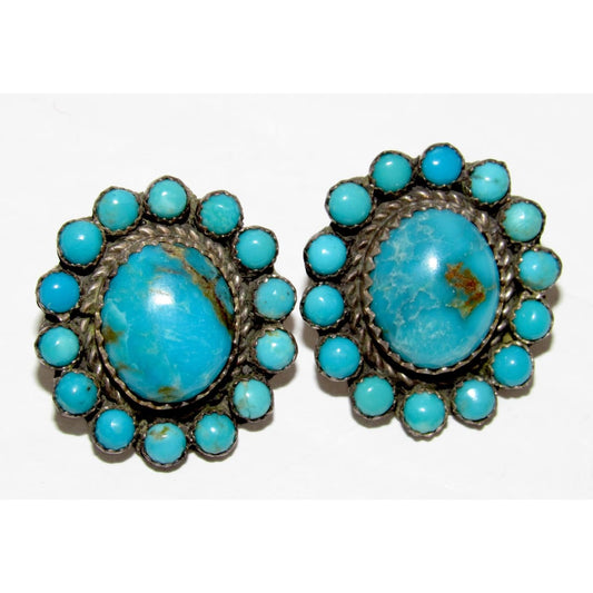 Vintage Navajo Morenci Turquoise Cluster Post Earrings Sterling Silver P. Yazzie