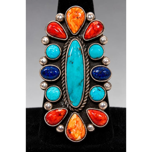 Navajo Turquoise Orange Red Spiny Cluster Ring Size 8 Sterling B. Yazzie