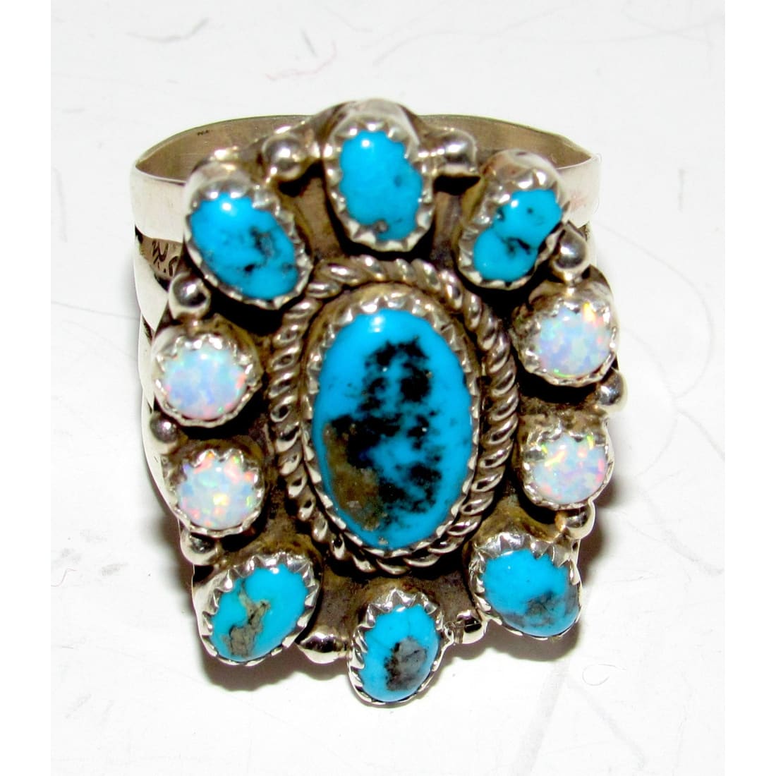 Navajo Turquoise Opal Cluster Ring Sz 10 Sterling Silver Signed Native American