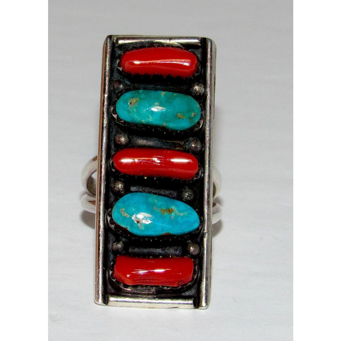 Navajo Coral Turquoise Cluster Statement Ring Sz 7 Sterling Silver Signed
