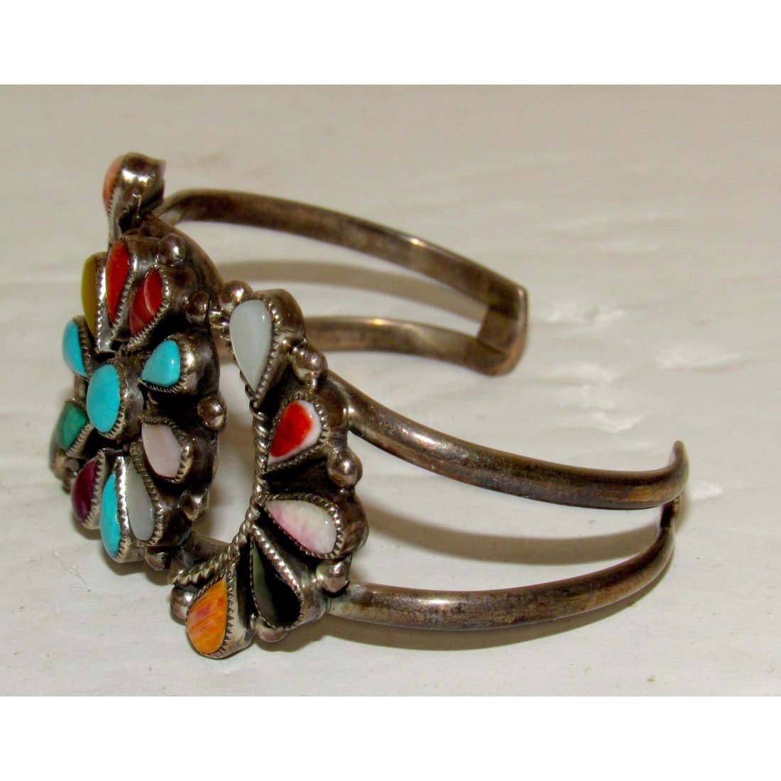 Vintage Zuni Cluster Cuff Bracelet Sterling Silver Phyllis Coonsis Turquoise Multi Stone