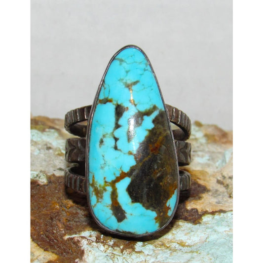 Vintage Navajo Blue Royston Turquoise Ring Size 10 Sterling Silver R Vandiver