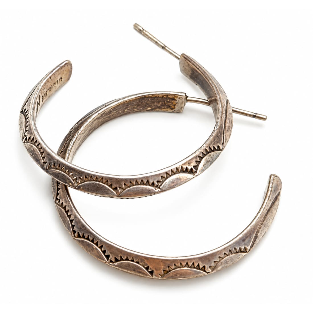 Vintage Navajo Sterling Silver Carinated Ingot Hoop Earrings M Benally