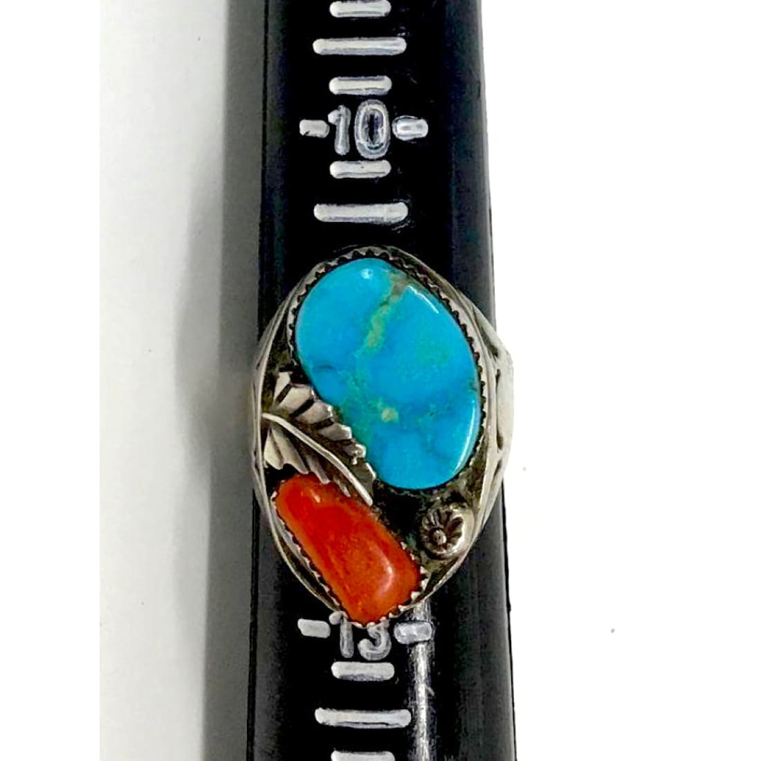 Old Pawn Zuni Men Ring Size 12 Turquoise Coral Sterling Silver Simplicio Family