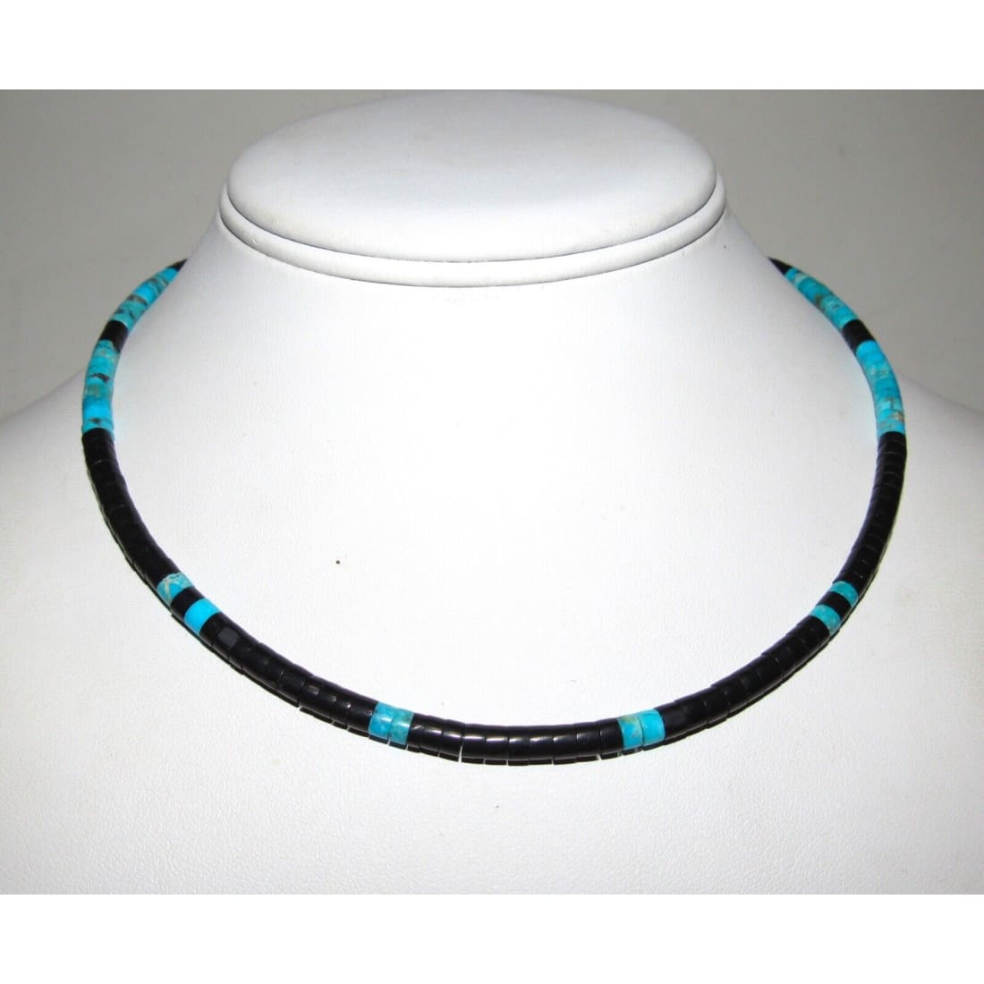 Navajo Rolled Jet & Turquoise Heishi Choker Necklace Native American 16"L