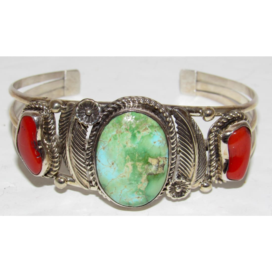 Navajo Royston Turquoise Coral Cuff Bracelet Sterling Silver J Begay