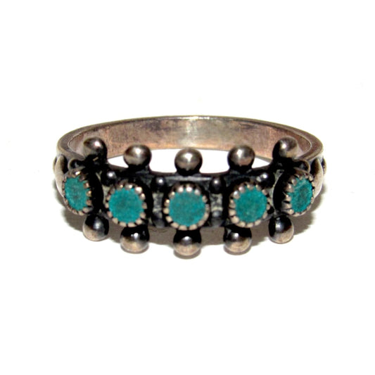 Vintage Zuni Snake Eye Turquoise Cluster Ring Size 7.5 Sterling Silver