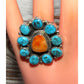 Navajo Cluster Ring Sz 7.5 Orange Spiny Oyster Kingman Turquoise Sterling Silver