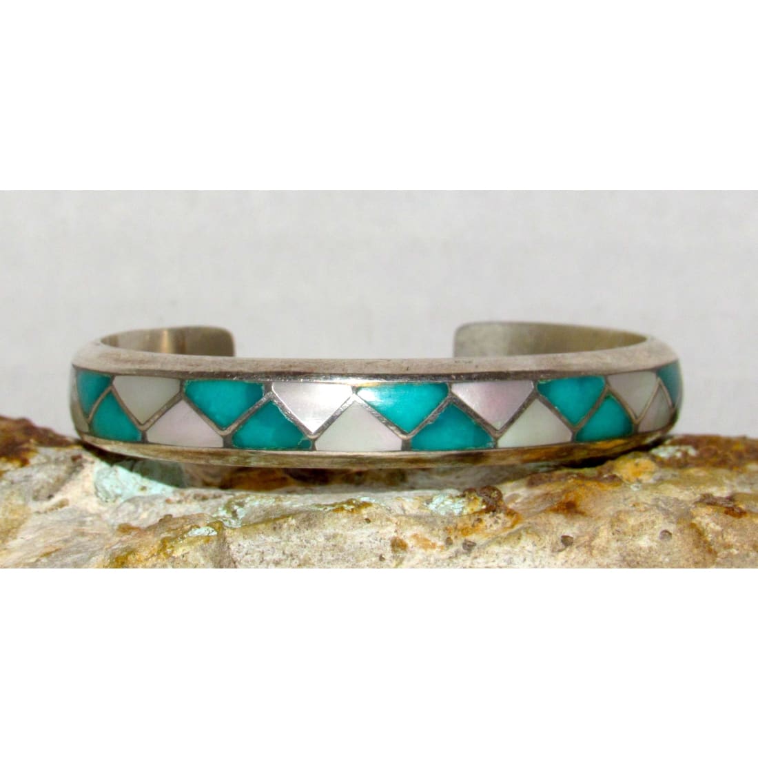 Old Pawn Zuni Inlay Turquoise MOP Cuff Bracelet Lorrie and Marcie Kallestewa