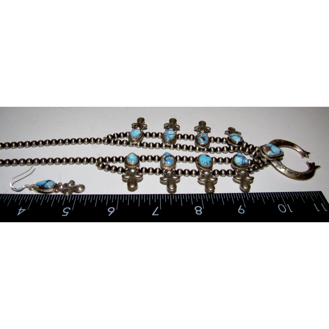 Navajo Golden Hills Turquoise Sterling Squash Blossom Necklace & Earrings Set