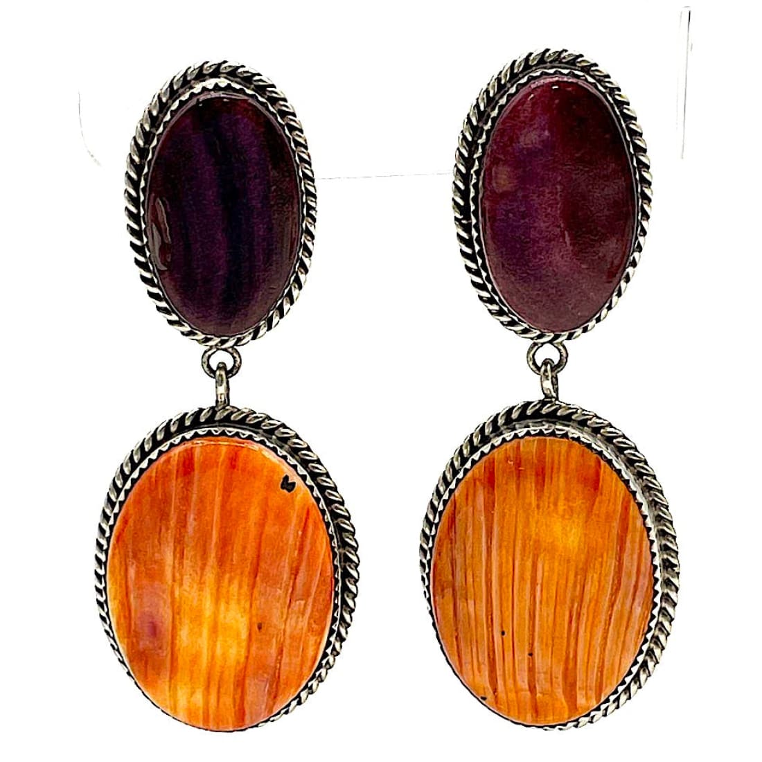 Navajo Orange Purple Spiny Oyster Sterling Silver Dangle Earrings H. Cayatineto