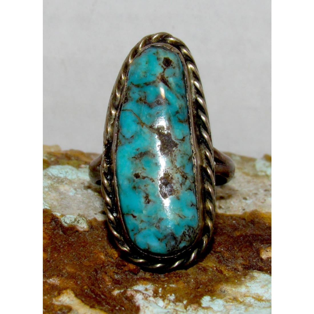 Old Pawn Navajo Cerillos Turquoise Silver Ring Size 9