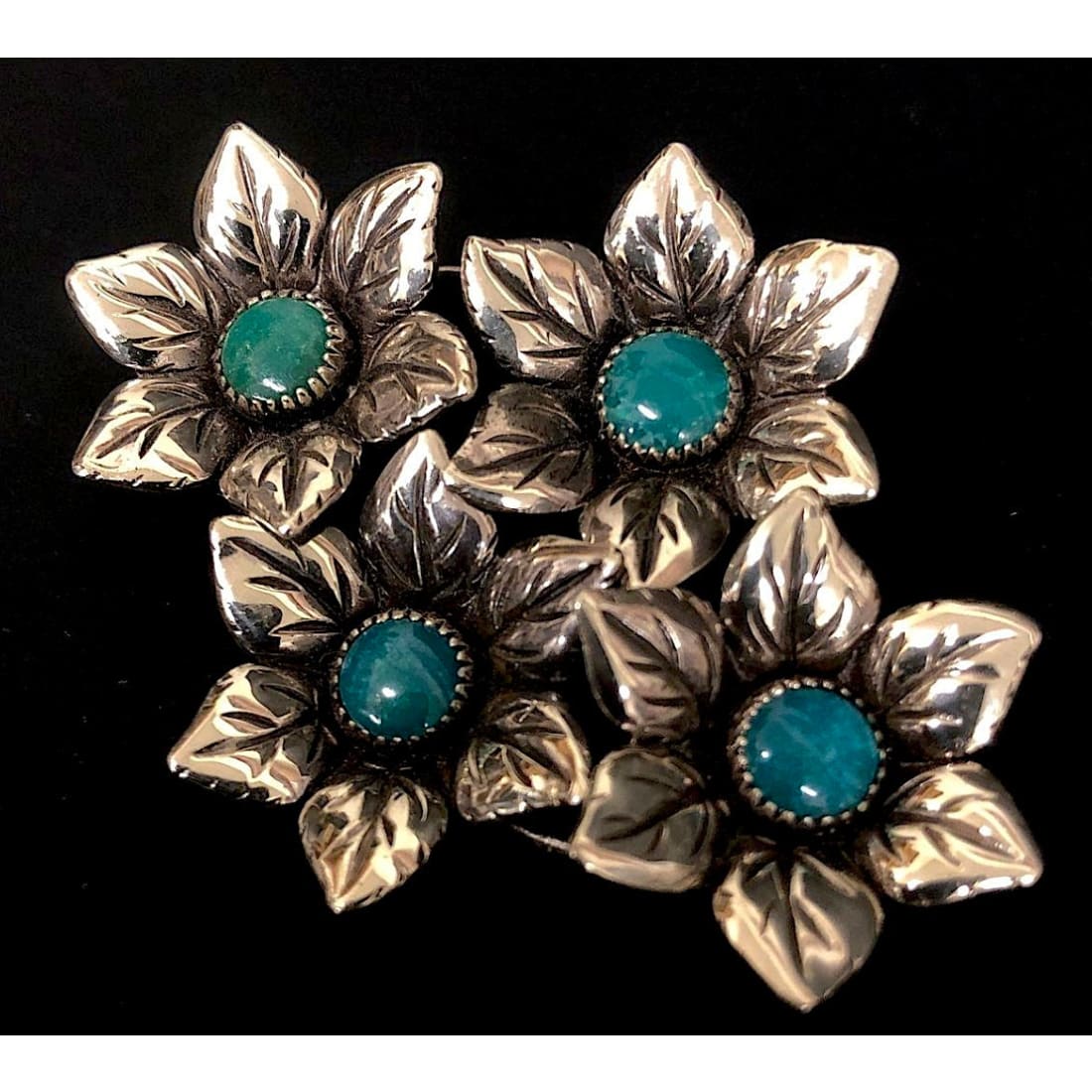 Rare Bell Trading Post Sterling Silver Turquoise Flower Brooch