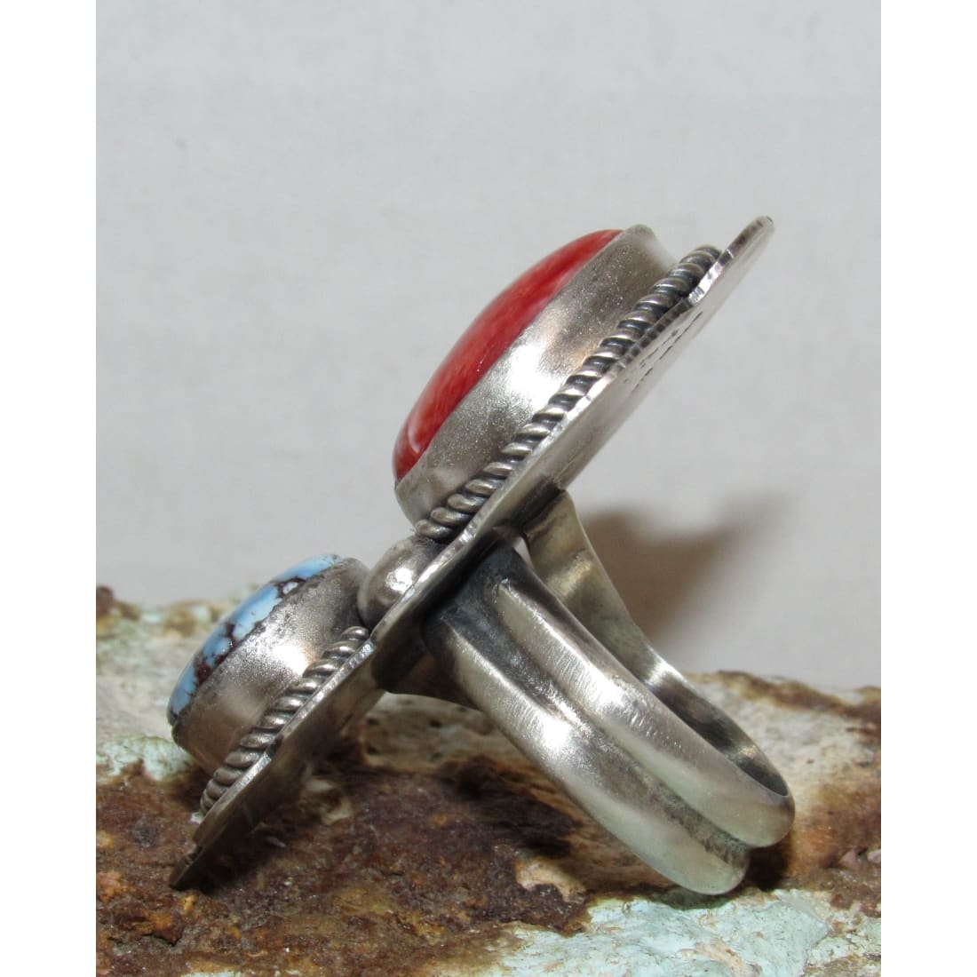 Navajo Golden Hills Turquoise Spiny Statement Adjustable Ring Sz 7.5 Boyd Ashley