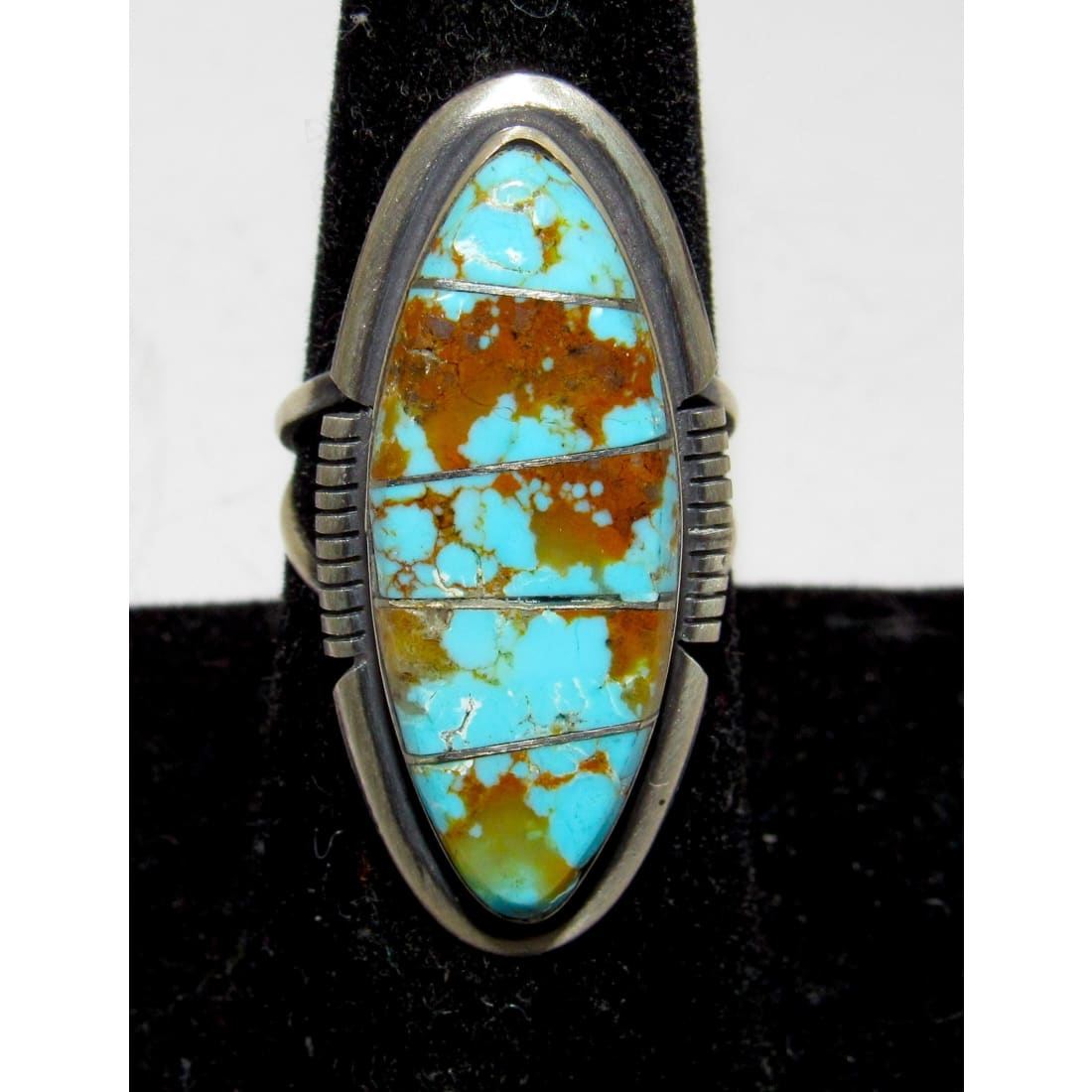 Navajo Number 8 Turquoise Inlay Ring Sz 7.5 Sterling Silver Steve Francisco