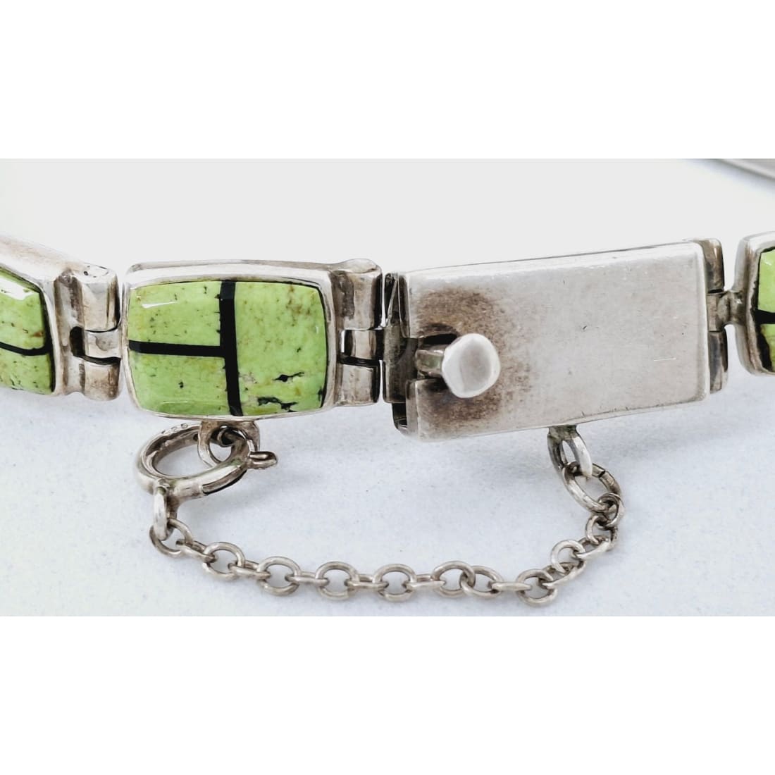 Vintage Navajo Gaspeite Onyx Inlay Link Bracelet Sterling Silver Calvin Begay TSF