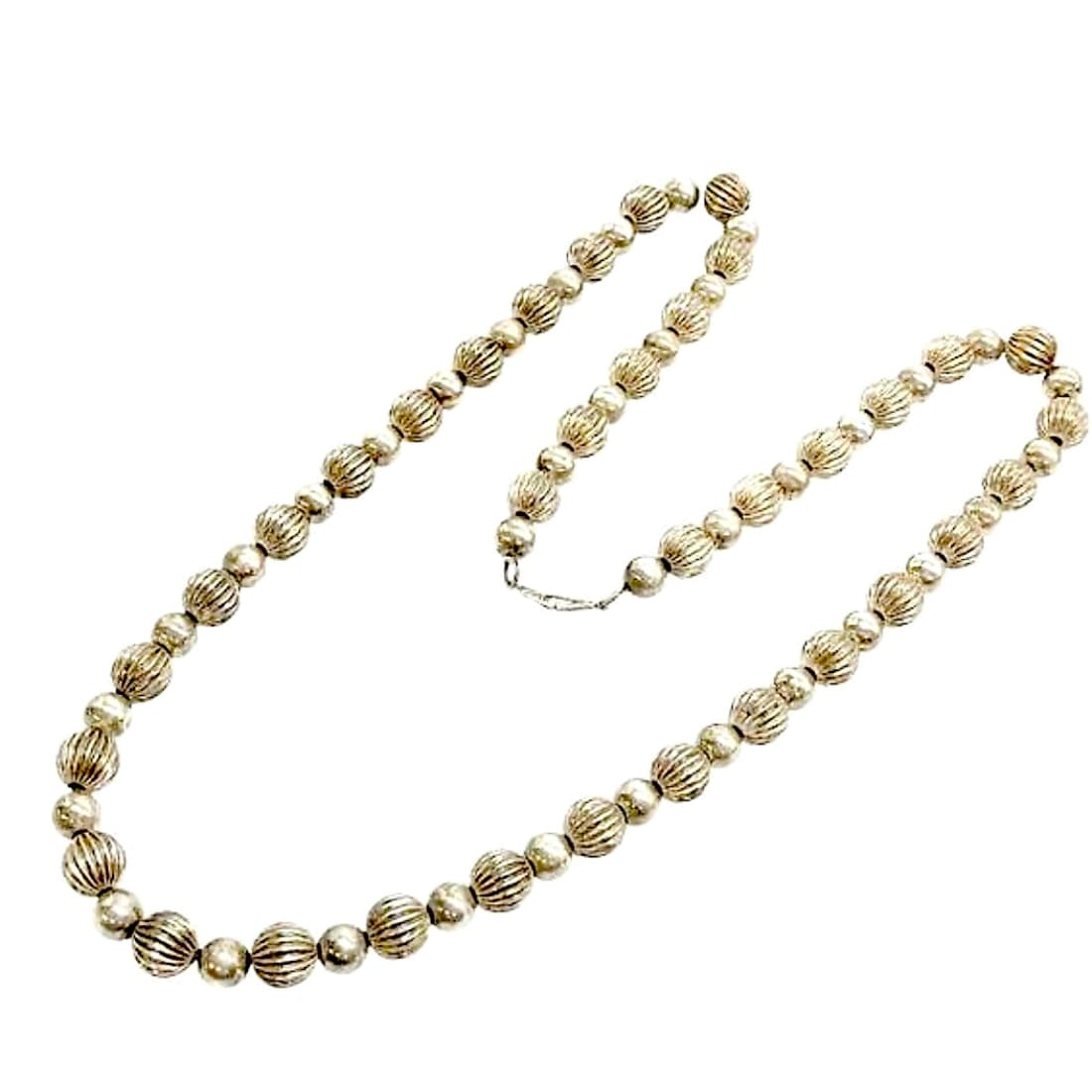 Vintage Navajo Pearls Necklace Sterling Silver Stamped Fluted Beads 26"L
