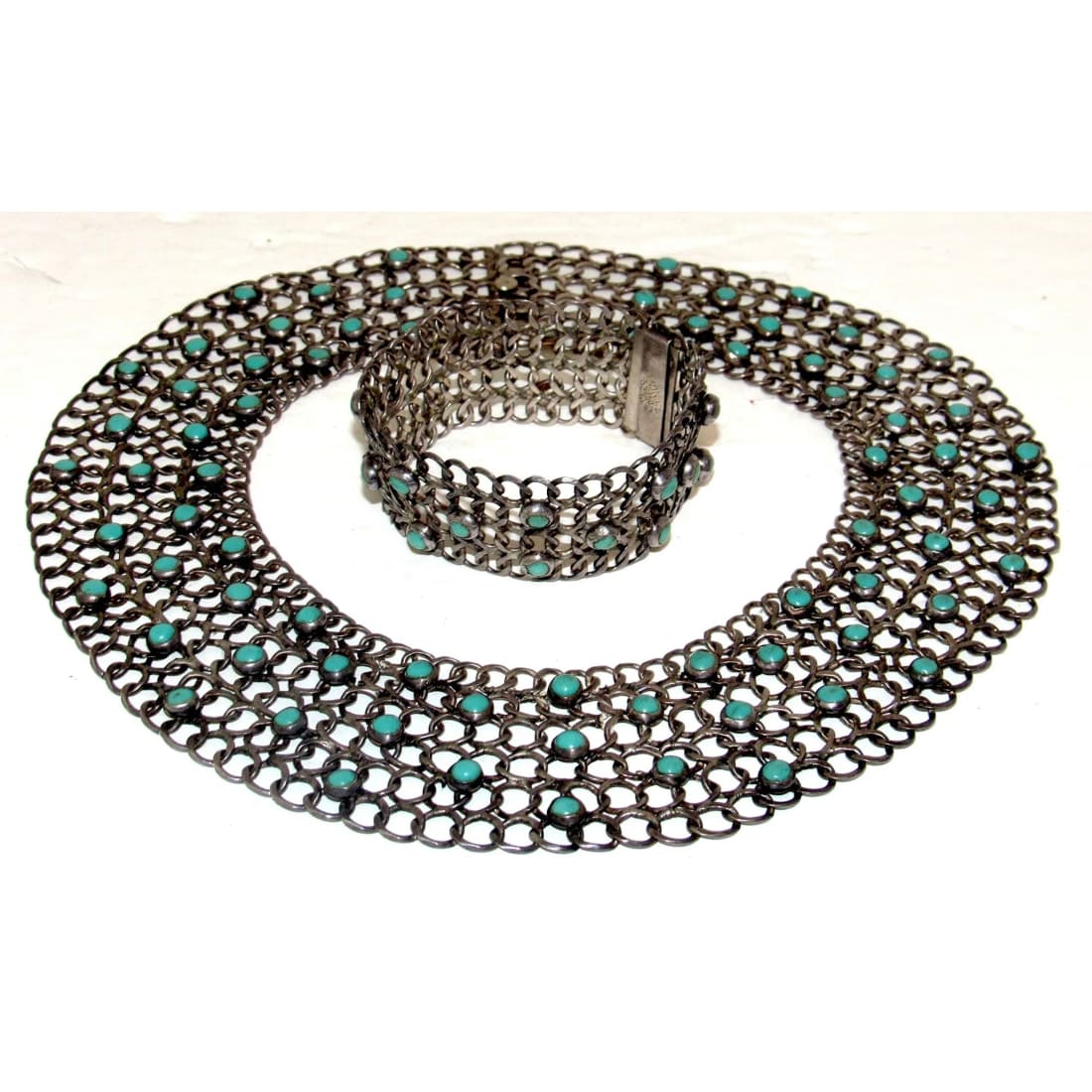 Rare Vintage Mexico 925 Sterling Silver & Turquoise Chainmail Set